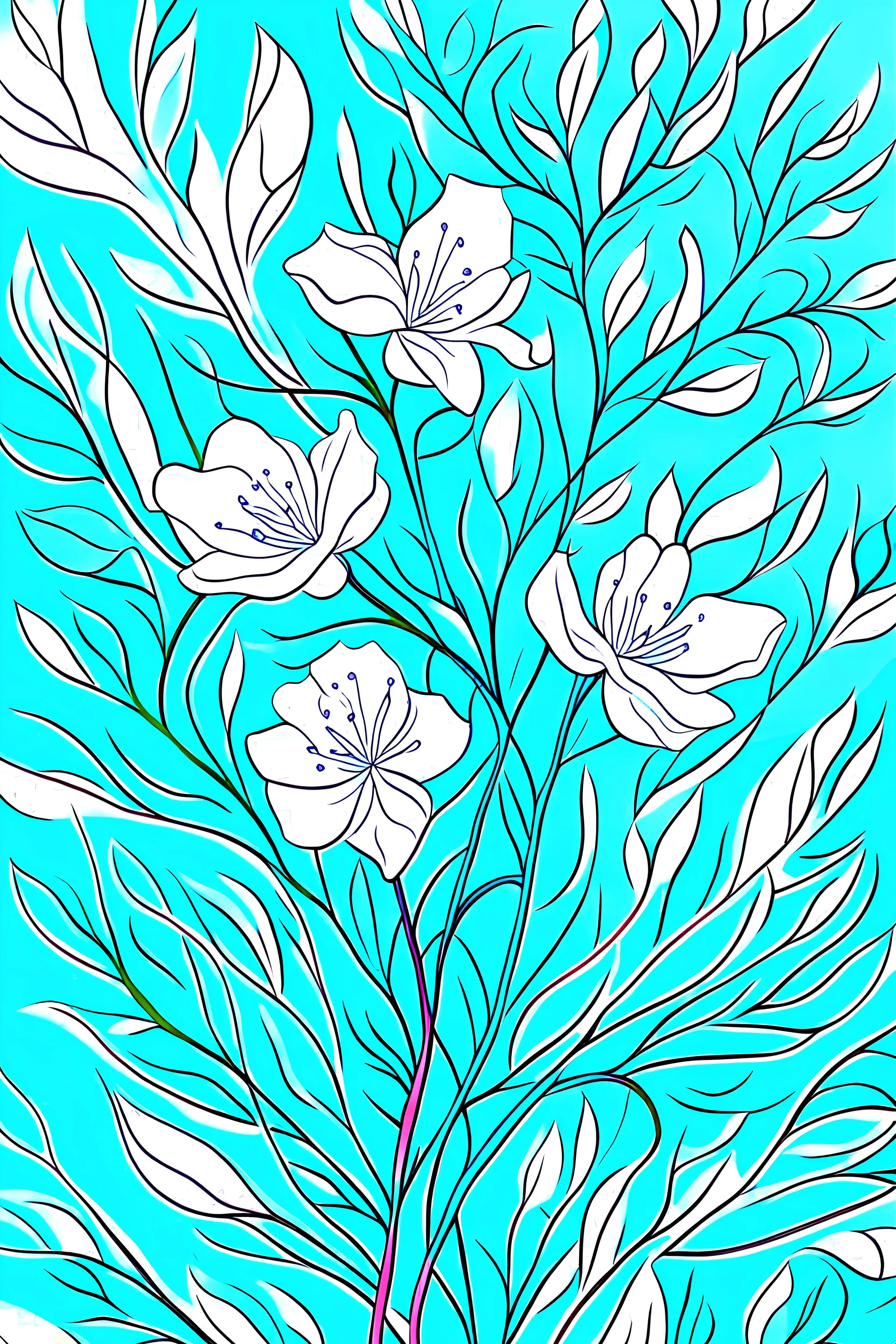 Let your imagination run wild with a modern, abstract, line-focused illustration of a light blue background, adorned with beautiful white lines of pear tree petals in full bloom. The simple lines of the petals are elegantly wavy, creating a sense of fluidity and grace. The vibrant contrast between the blue and white is truly eye-catching.