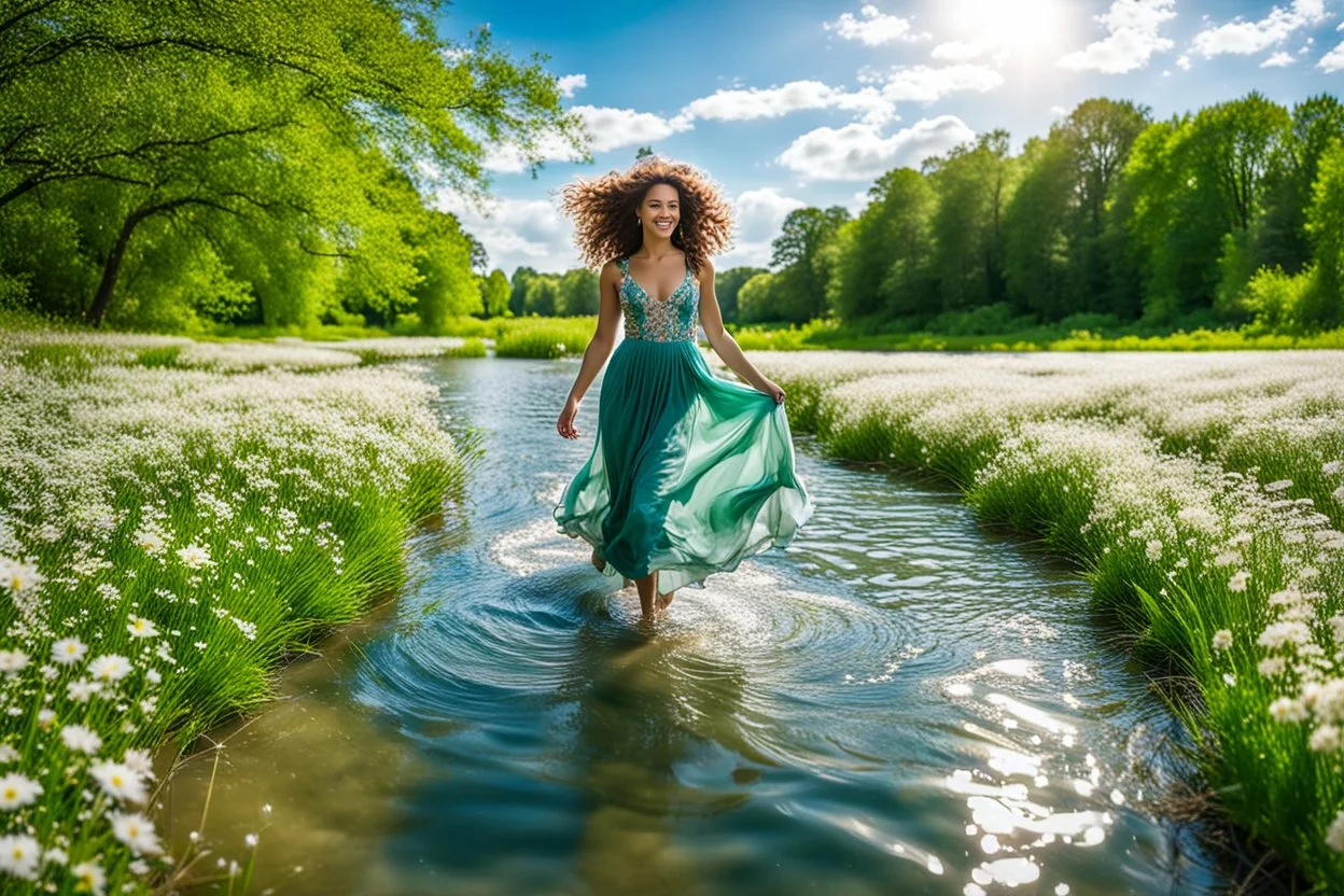 shot from front ,green field and wild flower field ,beautiful girl in pretty dress curly hair walking in water toward camera in trees next to wavy river with clear water and nice sands in floor.camera capture from her full body front, spring blosom walking to camera ,wild flowers moving in the wind ,blue sky,moving pretty clouds ,joy full facet.