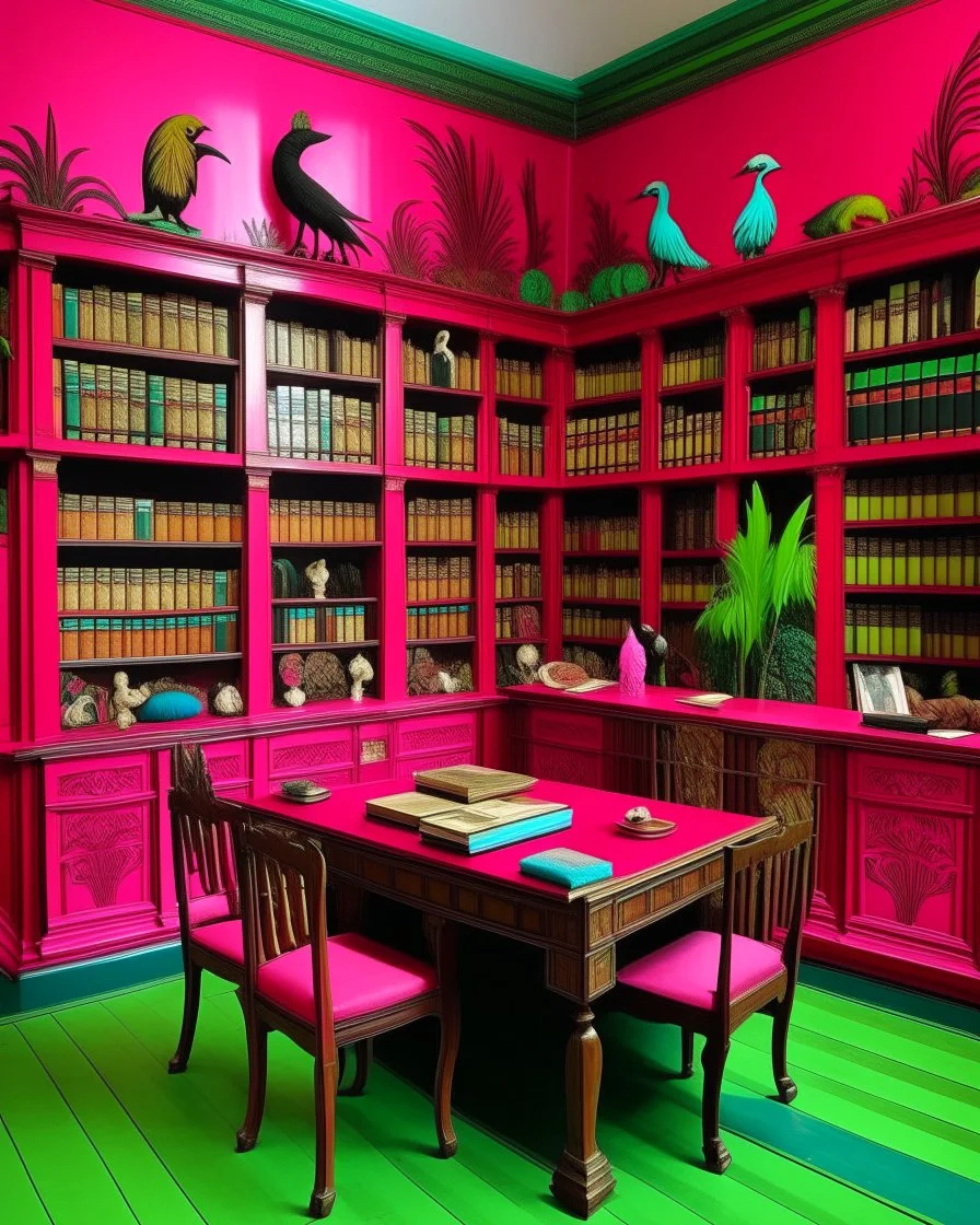 A magenta library with telekinetic books designed in Javanese shadow puppets painted by Henri Rousseau