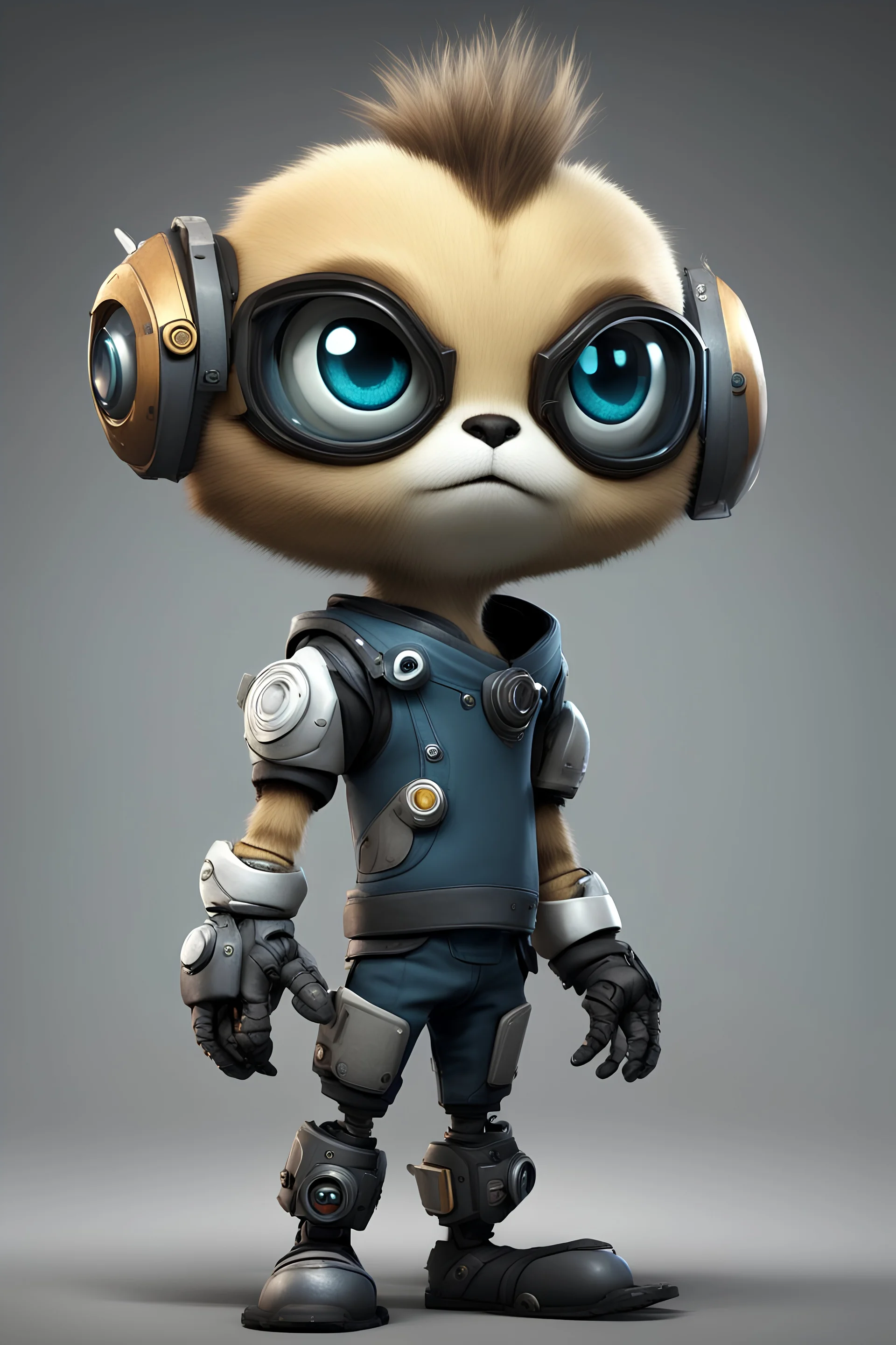 i'd like a cartoon cyberpunk ragdoll in the style of ratchet and clank, not a human but anthropomorphic. Make him homely, but not repulsive. I'd like a cloth body interwoven with technology. Don't make him cute. And gritty as if he lives in a dystopia.