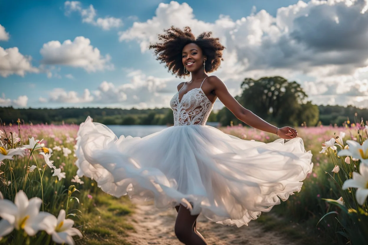 The camera zooms in, focusing sharply on beautiful black girl Lily wearing pretty dress as she dances gracefully in the same romantic environment with flowers and sky with nice clouds. Her joy and youth are presented against the backdrop of the surreal surroundings.