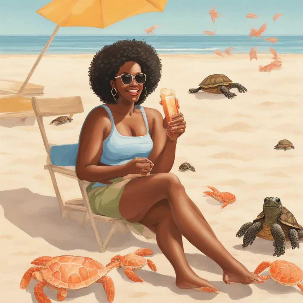 Portrait of black woman enjoying popsicle, enjoying the sun. She's at the beach with turtles and baby crab