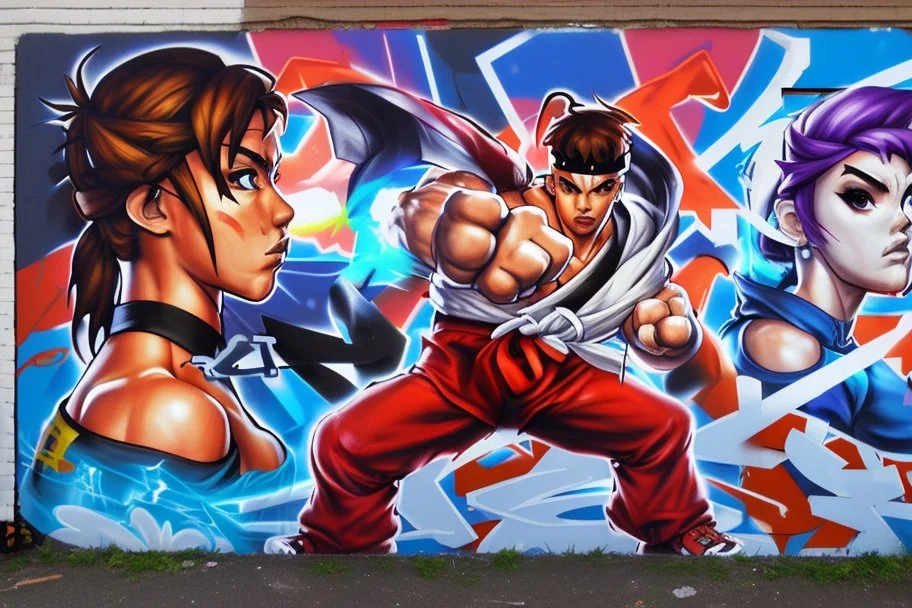 a graffiti mural wall with the word cell street fighter 6 style