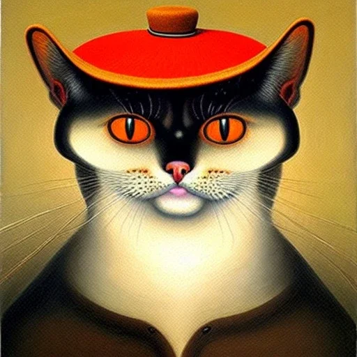 oil painting of a beautiful symmetrical cat with a summer hat, XIX century, classic japanese, by El Bosco 8k