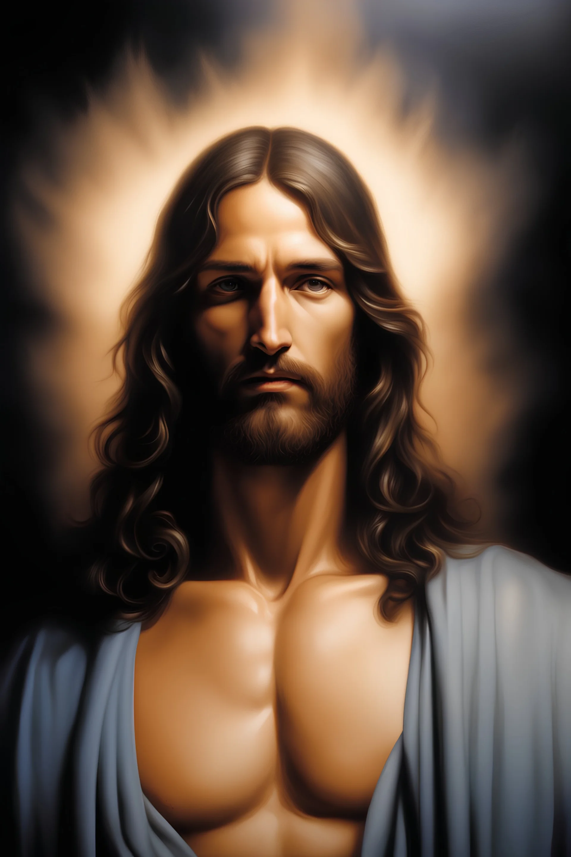 3D Portrait of Jesus of Nazareth, perfect body, perfect face, perfect eyes, dark hair, glamorous, gorgeous, delicate, romantic, realistic, romanticism, blue tones, Boris Vallejo - Pitch black Background - dark, wood panel wall in the background - fire, fog, mist, smoke