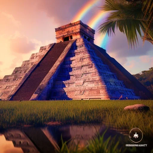 Chichen Itza, sunset, rainbow sunset, waterfall palms twigs spring sunset rainbow bridge birds unreal engine 5, realistic, hyper detailed, 8k