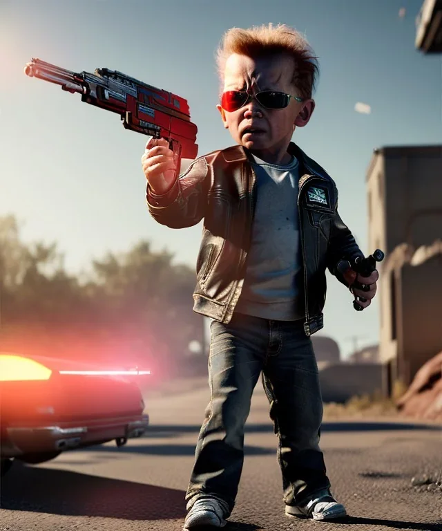 The Terminator toddler, shotgun, full body, dramatic lighting, angry, hyper realistic