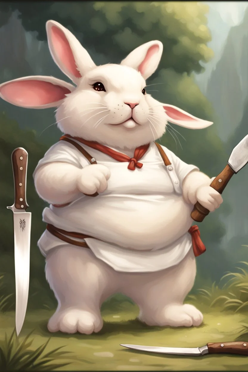 divine killer chubby bunny floppy ears with chefs knife adventurer dnd realism art