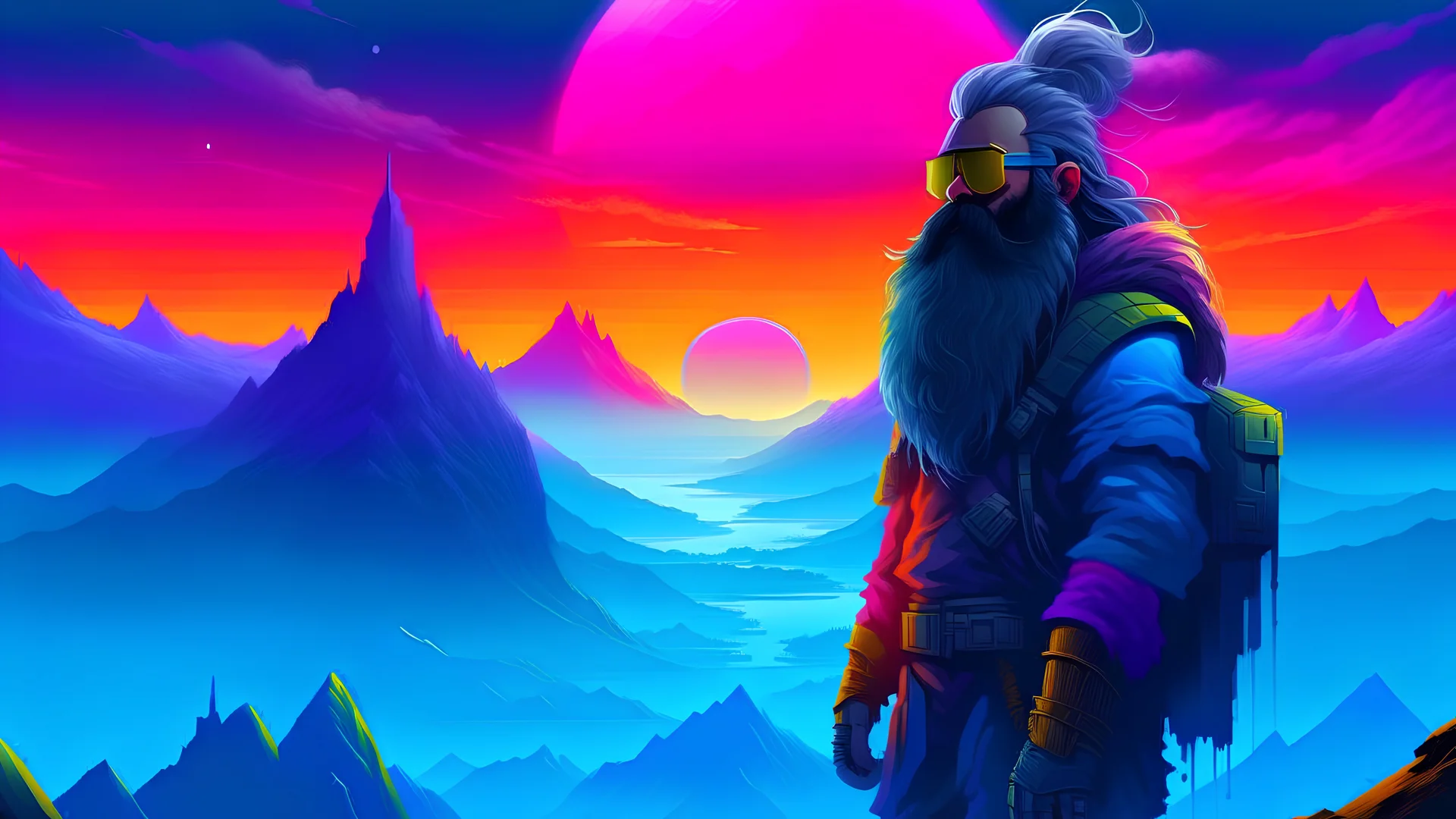 large beard Wanderer above the Sea of Fog in a synthwave dystopia