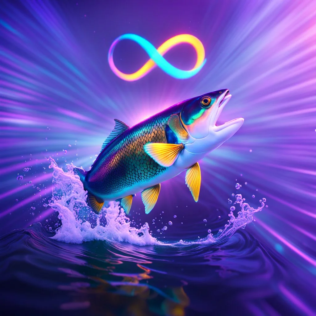 infinity symbol ∞ with vibrant powerful fish jumping out of the water, striking, neon, chiaroscuro, dramatic, captivating, powerful, fantasy, beautiful, octane render, 16k post-production, artstation: award-winning: atmospheric: commanding: fantastical: clarity: ultra quality: striking: brilliance: stunning colors: amazing depth; lens: f/11, 35mm