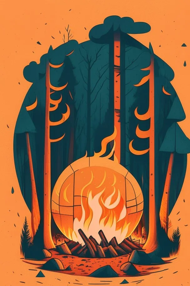 perfect round ball burning in a bonfire inside a forest, 2D flat illustration style, monoline, 3 colors max