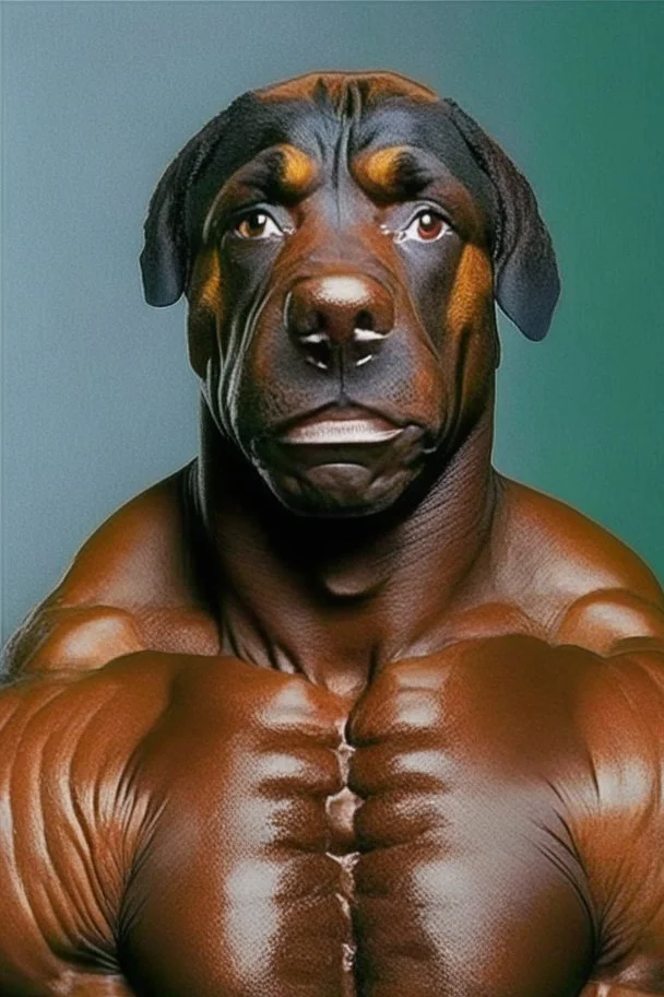 Bodybuilder Lee Haney with the face of a Rottweiler dog A dog's head instead of a person's head