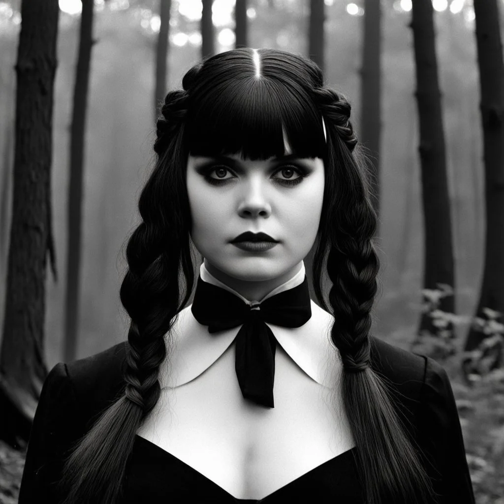 Actress theda bara as Wednesday addams, braids, bangs, in tge woods
