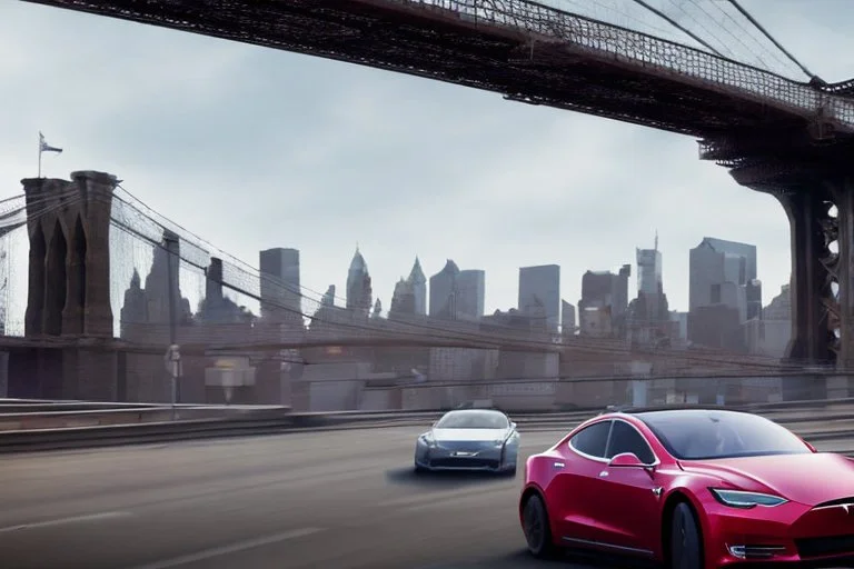 A Tesla 'Model 3' is drifting at top speed, on the 'Brooklyn Bridge' in New York. CINEMATIC. WIDE ANGLE LENS. PHOTO REAL.