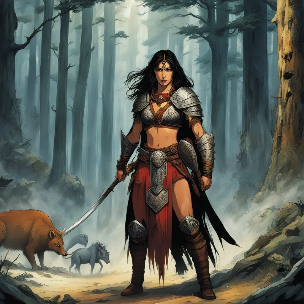 THE DEATH DEALER: tribeless barbarian in a large forest that, after the end of the Ice Age, will one day become the Mediterranean sea. When the Mongol-esque Kitzaak Horde invade the forest, various parties try to recruit Gath's aid to defend against them. One of them, the beautiful sorceress Cobra, gives Gath a helmet possessed by the god of death. The helmet gives him godlike power but at the same time tries to break Gath to its will. With the help of the worldly travelling entertainer Brown Jo