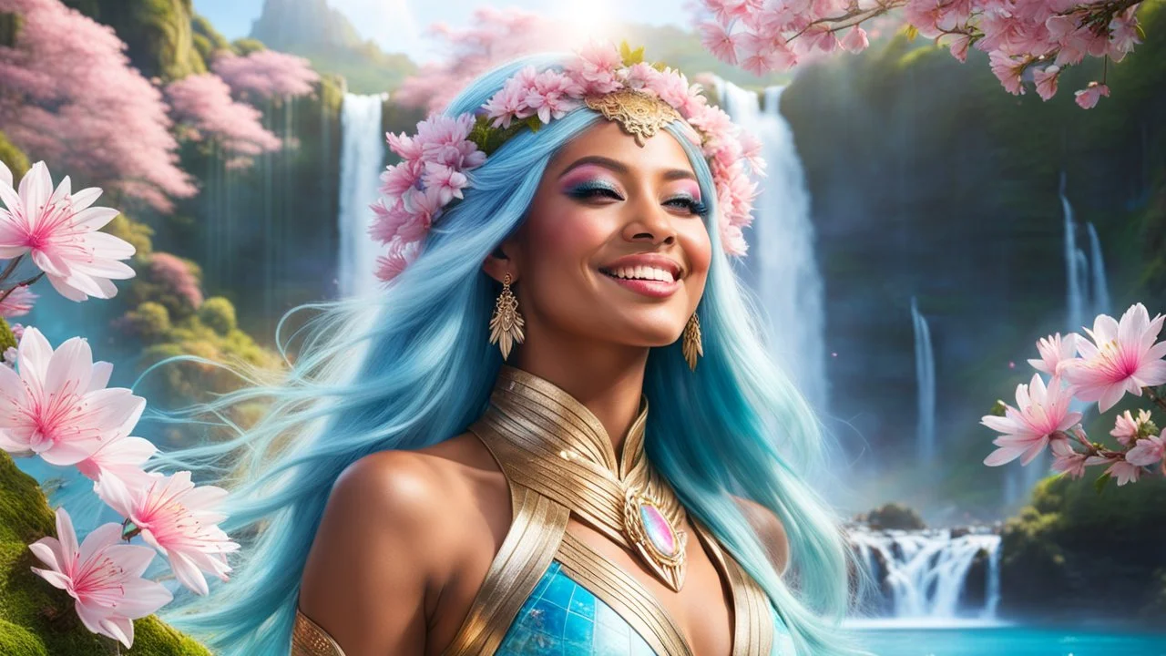 Photo realistic portrait of a gorgeous smiling skinny polynesian goddess with a golden dark shining skin, long smooth clear turquoise blue and pink white hair, blue eyes, in a sci-fi outfit with luminous strikes blowing a kiss in a hill of flowers with sakura trees, a waterfall, a crystal palace, loads of mini flowers, moss, sun rays through the branches, particles in the air at spring. Intricated details,