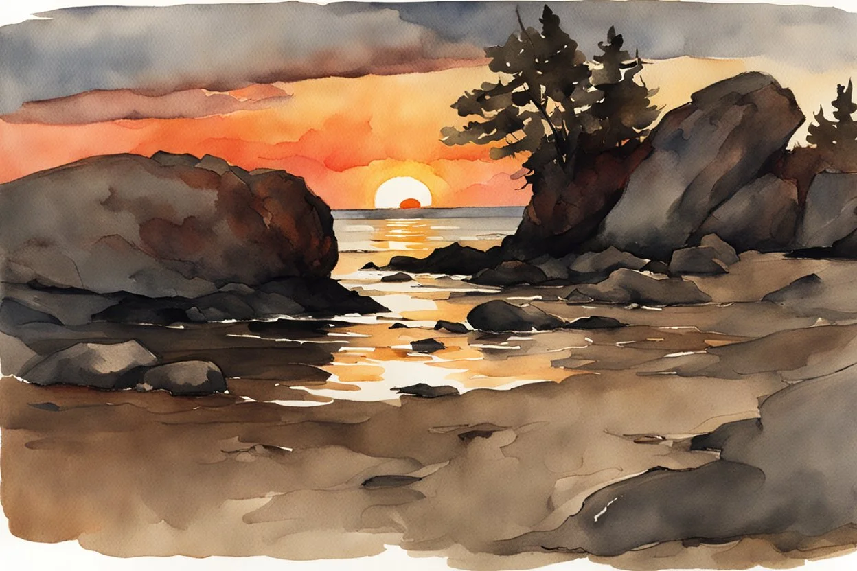 Sunset, rocks, mountains, rocky land, epic, winslow homer watercolor paintings