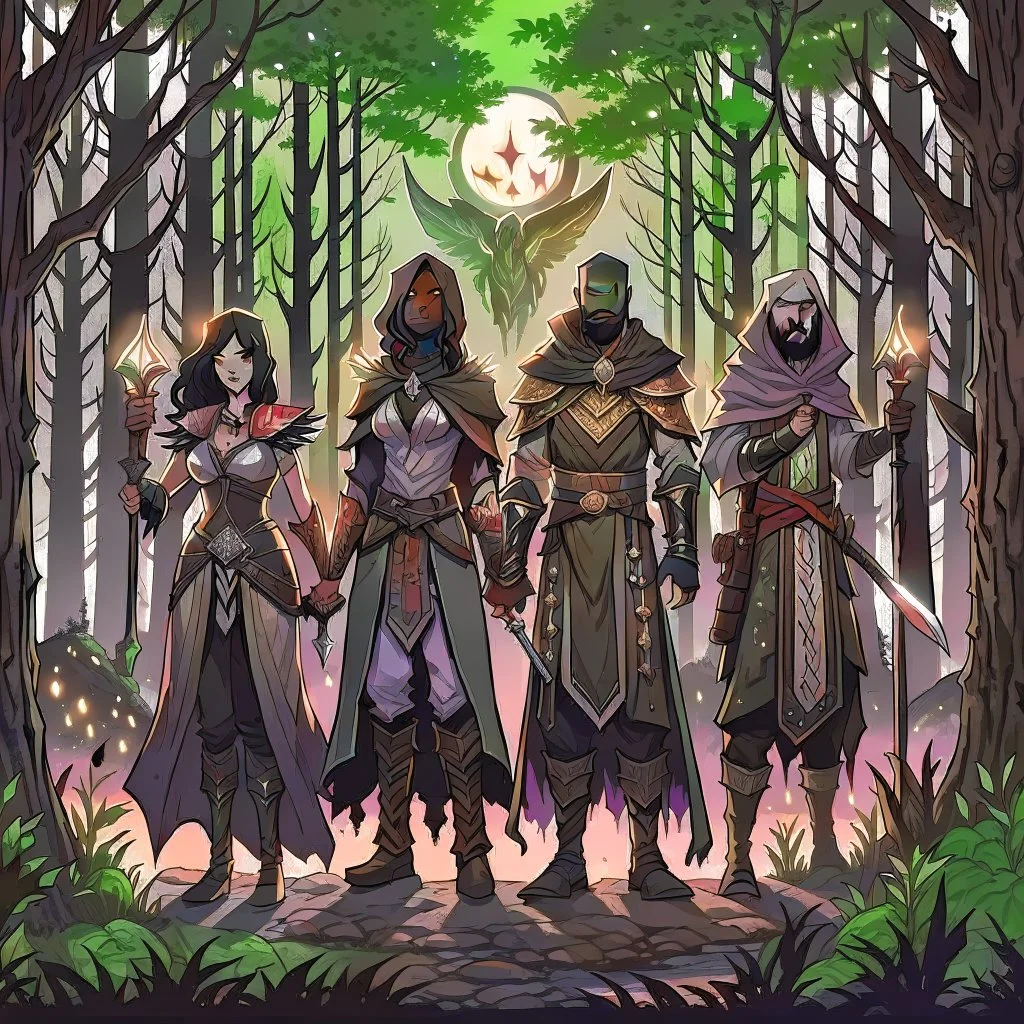 A group of four characters from a fictional book world. A witch, a gladiator, a thief, and an enchanter. The characters are in a dark forest. The characters are shrouded in mystery.