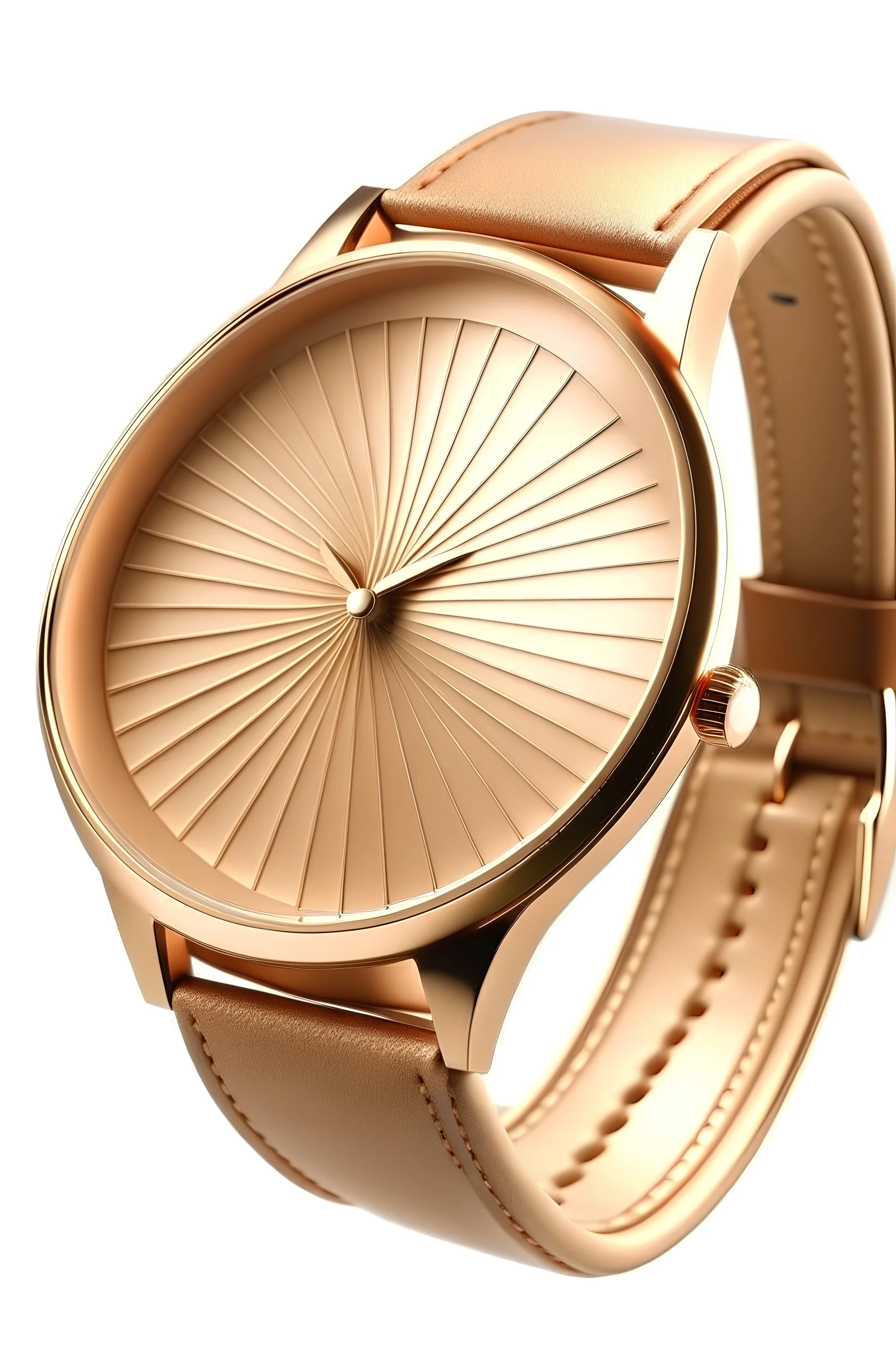 Create a realistic depiction of a retro ladies' wristwatch with a rose gold case, featuring a minimalist design, a slim leather strap, and a sunburst dial."