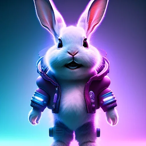 pixar style anamorphic cute cyberpunk rabbit baby, smiling, full body, magenta puffer jacket, manila city backdrop, hyper realistic, unreal engine 5, 16k