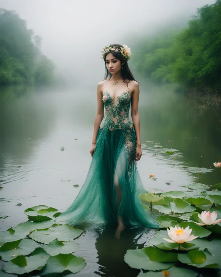 Lens focus DSLR Camera Photography full length image beautiful humanoid Pretty Girl Fairy Queen sorrounded full of lotus flowers leaves plenty,fullbody pretty fairy lady drown into the river swim on swampriver and the wonderful river sorrounded birds and flowers, morning heavy fog and smokes background,realistic potrait photoshoot experiences photographer