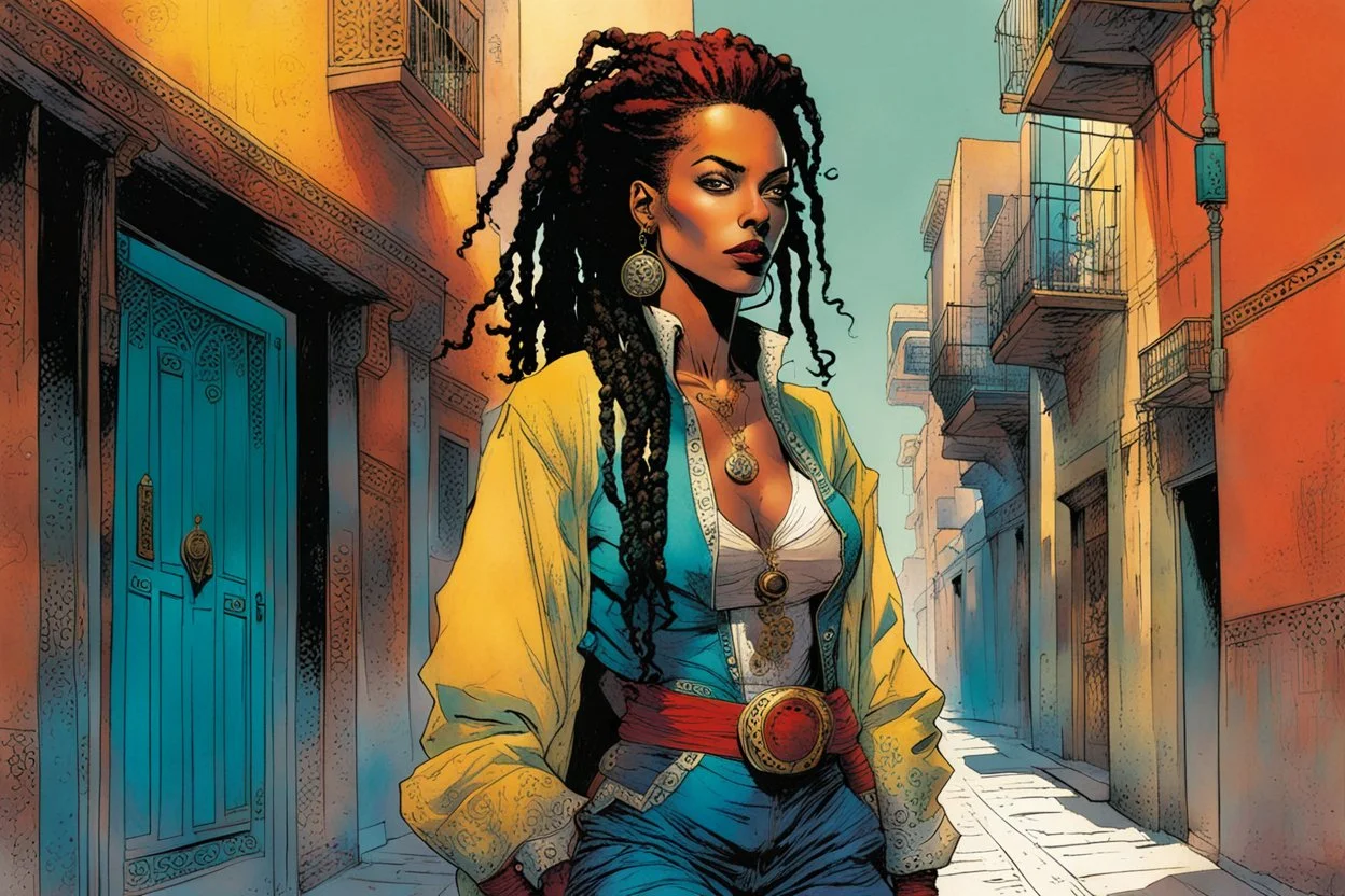 create an imaginative full body illustration of a female, ornately dressed Moroccan pirate queen with finely detailed facial features, short dreadlock hair, in the backstreets of Casablanca, in the comic book art style of Bill Sienkiewicz, Mike Mignola, and Jean Giraud Moebius, finely textured, drawn, colored, and inked