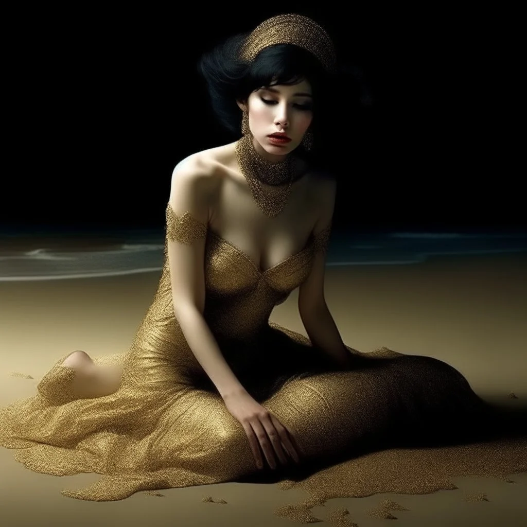 (Masterpiece1:5) By(Jan Saudek:Natalie Shau:1.5) (highest quality) (ultradetailed:1.5),bright Foreground with (gold sparkles floating Intricately through the painting:1.5),attractive and content black haired woman 😇, the beach with snoot lighting is the defining light source,gold dress melting into the sand 😅),dreamlike, (surreal:0.5) beach with soft sand, High contrasts, vibrant colors, flawless Composition,Soft Lighting Create Depth Of Field. accentuates the beauty of the