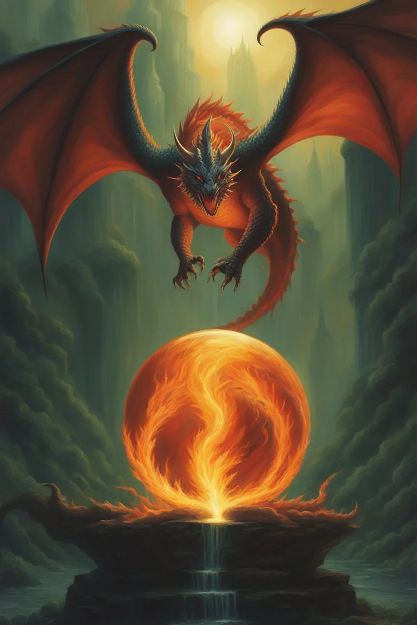 dragon attacking a magic orb full of dragon fire. dragon with huge cloned wings. perfectly drawn claws. fantasy setting. . style of Clive barker