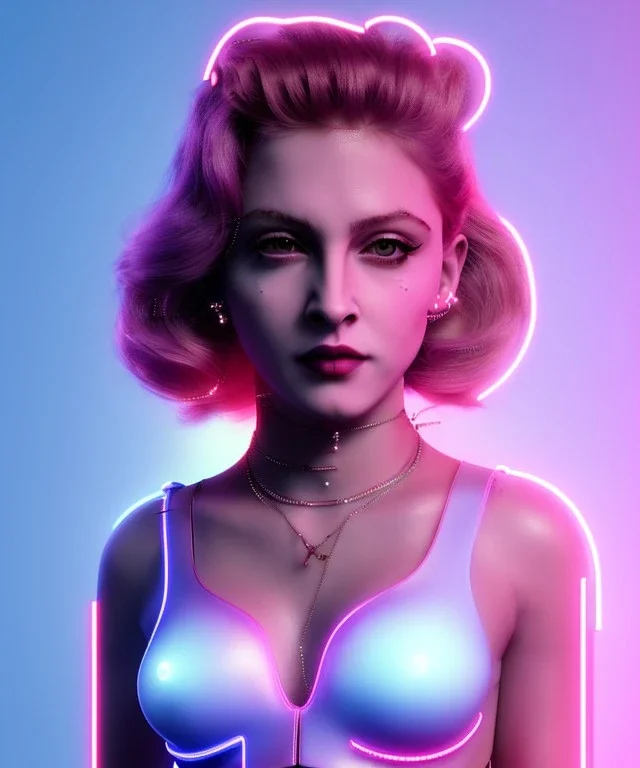 Artist, young madonna, android woman, glow iris, piercings, sweet, blonde, white skin, long eyeliner, purpurin pink cheeks, glossy lips, color leds lights, cables, short hair, circuits, cyberpunk, latex coat, cyber punk, neon, portrait, studio photo, unreal engine 5, soft color, 16 bit, god lights, ray tracing, RTX, lumen lighting, ultra deatail, volumetric lighting, 3d, finely drawn, hd.