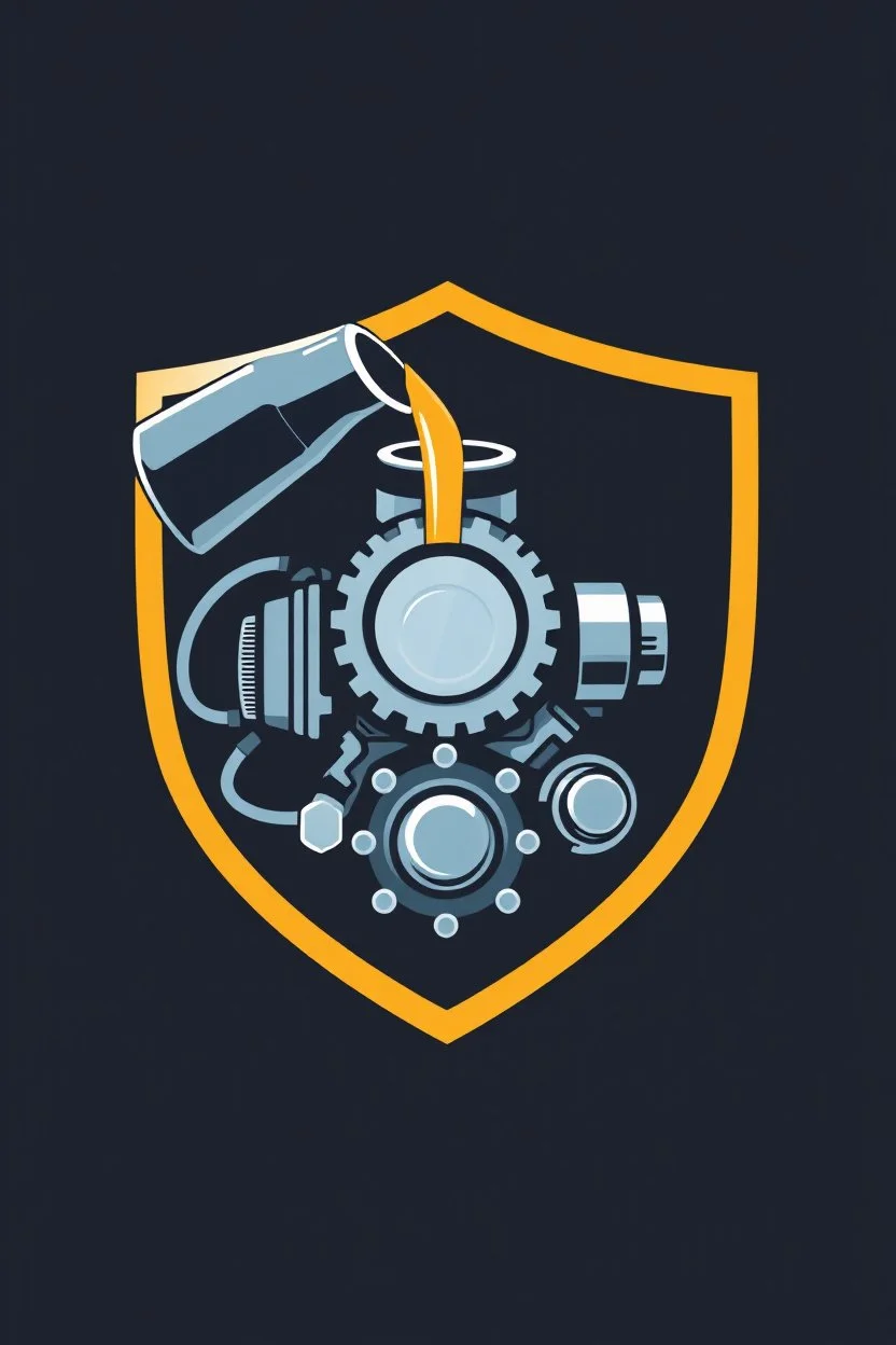 inside a shield shape, an engine icon with an oil bottle above pouring oil into the engine, vector illustration