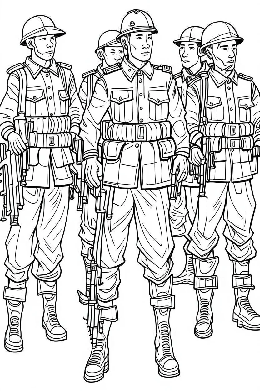 Outline art for coloring page OF A SET OF SMALL AMERICAN TOY ARMY SOLDIERS, coloring page, white background, Sketch style, only use outline, clean line art, white background, no shadows, no shading, no color, clear