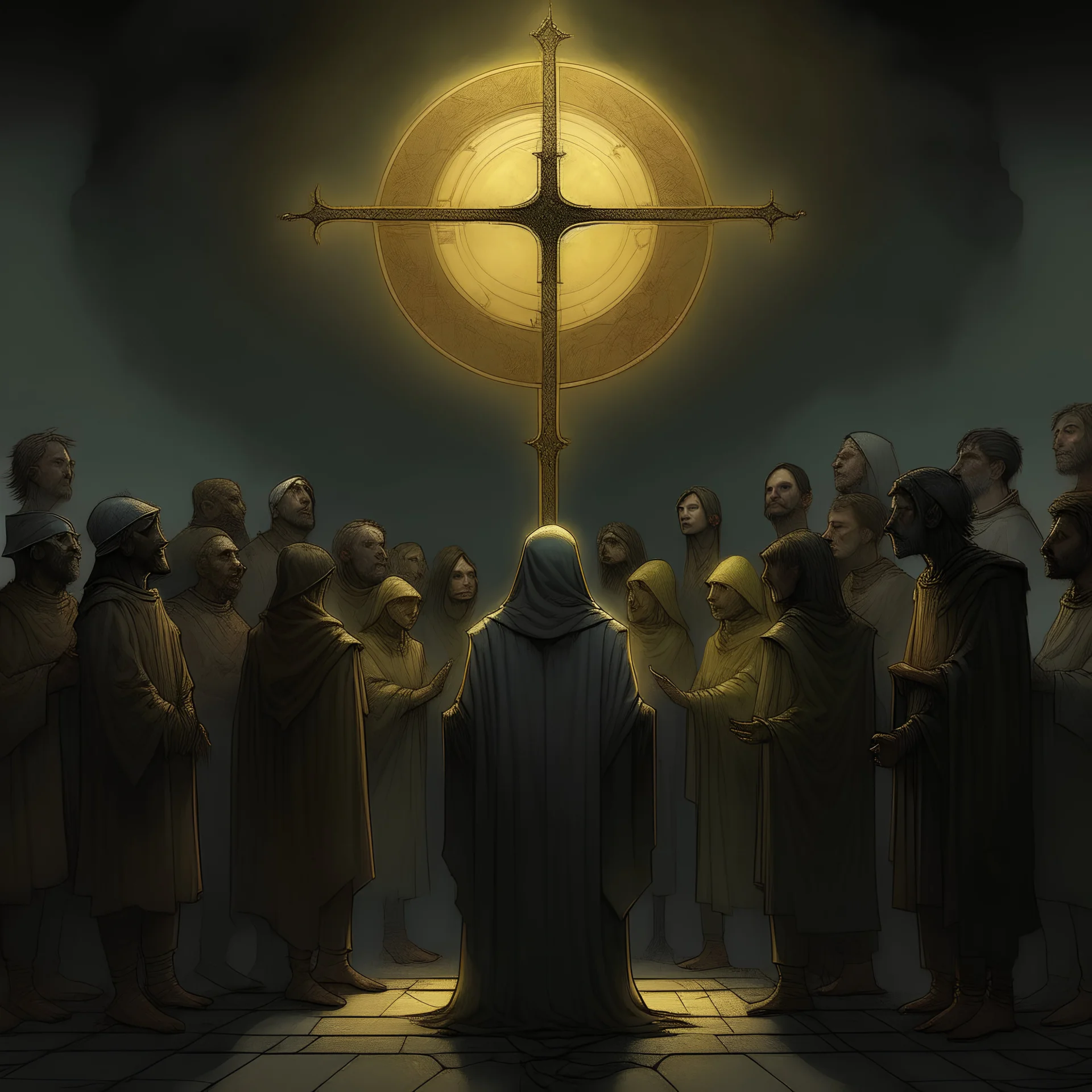 a crowd behinmd in front of a preist with back a crucified in a circle. oniric atmosphere