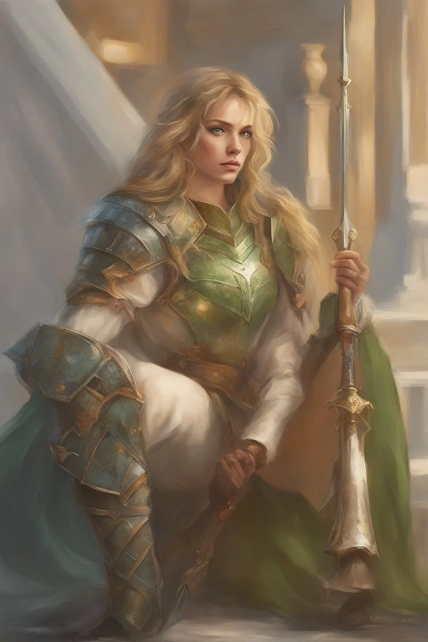 A beautiful woman with blond hair and green eyes. Knight, leather armor.