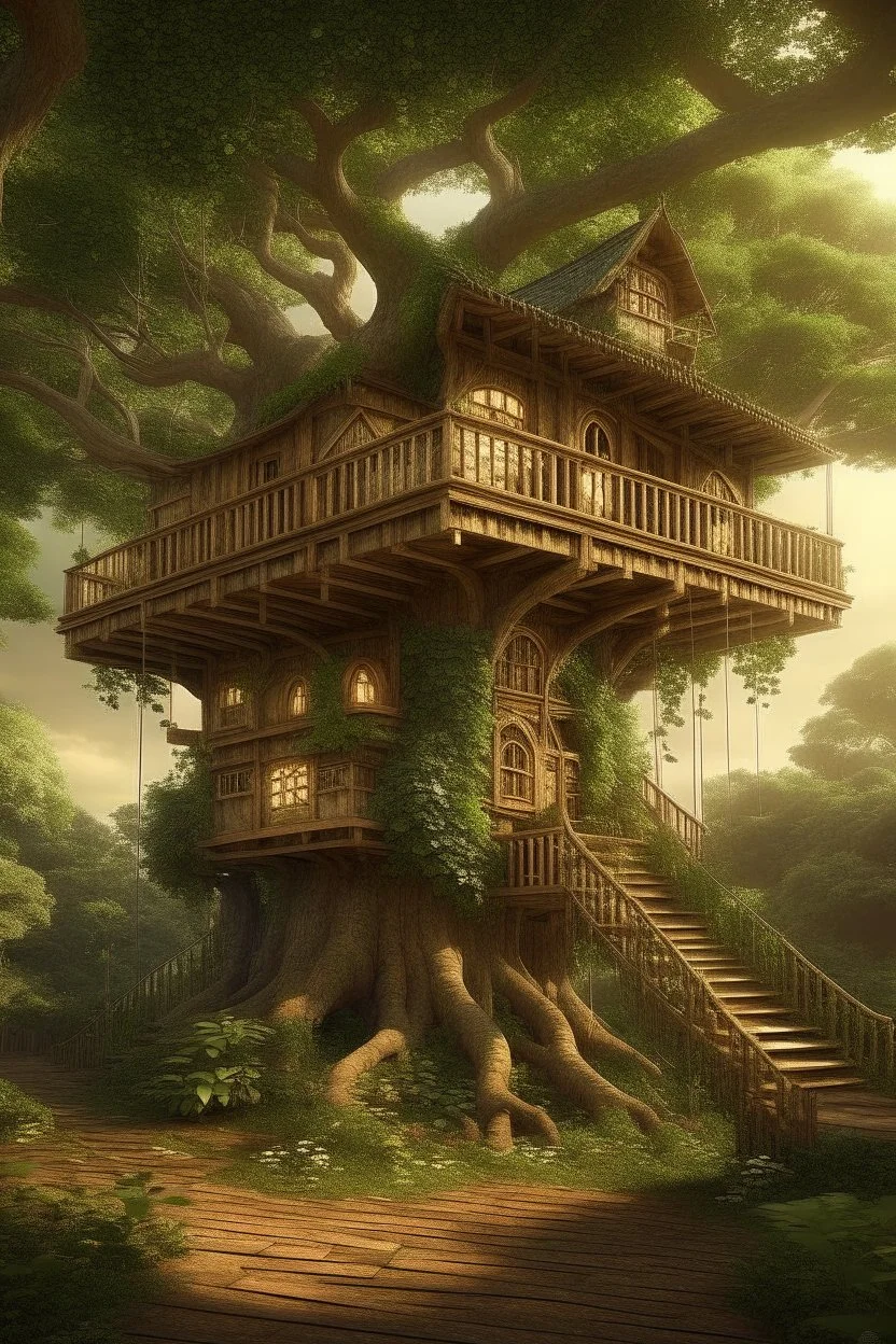 Une maison dans un arbre géant, dans une forêt magique. La maison est écologique et élégante, avec des fenêtres, des balcons et des énergies renouvelables. L'image doit montrer la beauté du lieu et la symbiose entre l'homme et la nature.