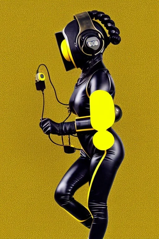 Bronze color, Yellow, Black Cyan photograph Cyber-punk, full-mask, AKG-style big headphones, golden rings & disc, fencing mask. Speakers. Asa Akira, lightly armored, electronic circuits. Guns, 3D-Escher tiling, background. Thick tights, thick calves, arched fell, wide hip, flat belly. Ancient artifact attached. Perfect body. Daft Punk, Tron Movie. Matrix movie clothes, Silver leather area, tippet, latex. Wicked sneakers. 1990's, old telephone microphone. Surreal. Minimal fashion Future