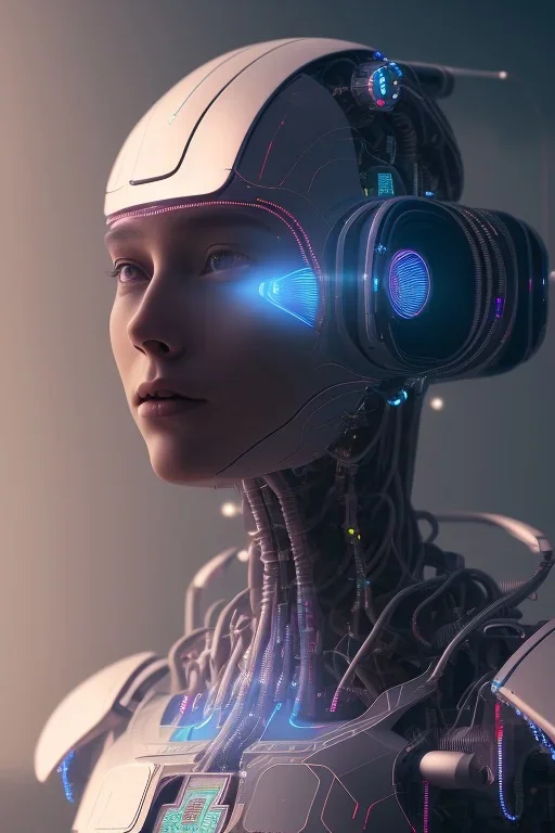 projection of an AI head hovering over an cyberpunk landscape in the distance, a small human walking towards the head, high quality, 4k resolution, high details