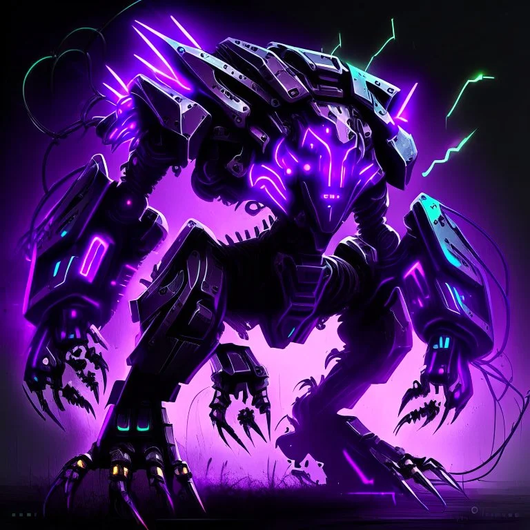 black and purple neon quadrupedal menacing looking geometric robot