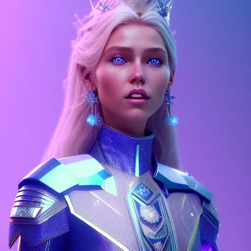 A portrait of a crystalised blue pink queen,smiling face, blue eyes, long blond hair, atmospheric, realistic, unreal engine, lighting, octane render.