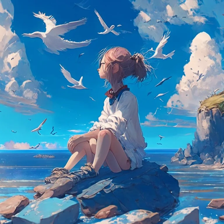 A girl is sitting on the edge of the rocks by the seashore and is meditating. The sky is blue with beautiful clouds and seagulls flying, digital art, anime, 4k, full details