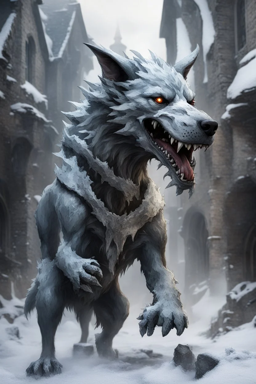 frost hellhound with five heads in ruins of medival town