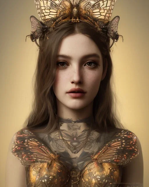 upper bust portrait, the queen of butterflies, corset, intricate metal work flower crown, butterfly wings on back, 8k resolution concept art, dynamic lighting, intricately detailed, hyperdetailed, beautiful, ethereal, elegant, golden hour, (butterfly), gothic