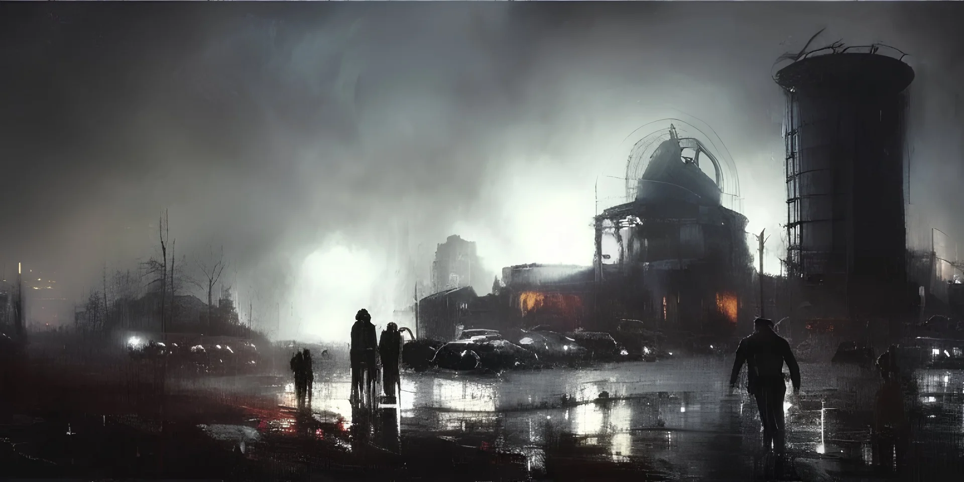 Jeremy Mann, giger, night scene, farm with a big UFO and a silo,forest fires, tornado rainy weather, crowded alien cow, great composition, highly detailed, high quality