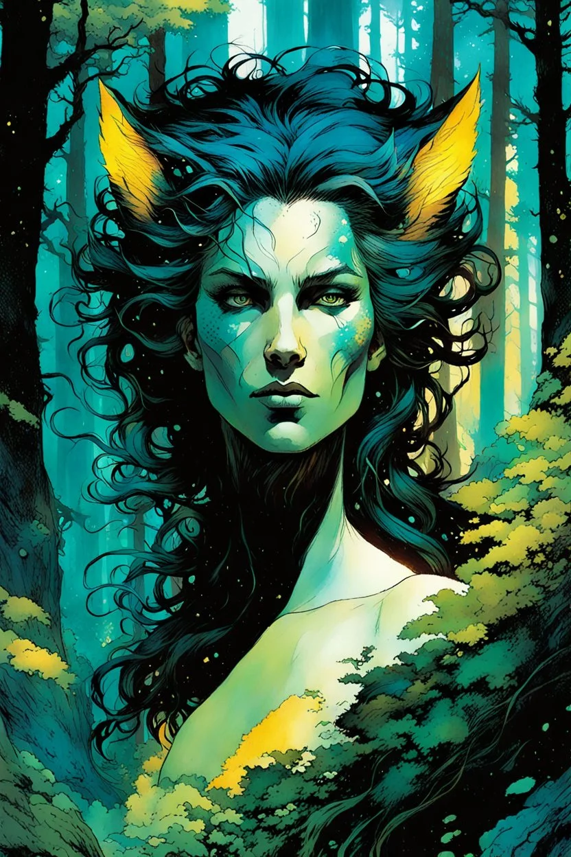 create a wildly conceptual closeup full body print illustration of a feral female mage with highly detailed hair and feminine facial features, in an ethereal, otherworldly ,ancient summer forest , in the comic book art style of Bill Sienkiewicz, Mike Mignola, Sparth, Maxfield Parrish, and Jean Giraud Moebius, finely textured, drawn, colored, and inked, suffused with dramatic natural light and shadow of sunset