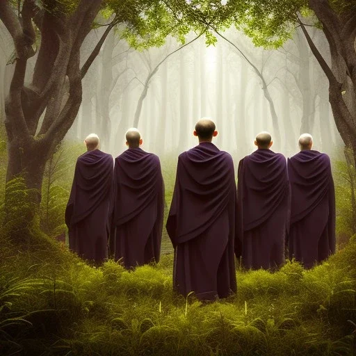 gathering of black robed monks in the forest