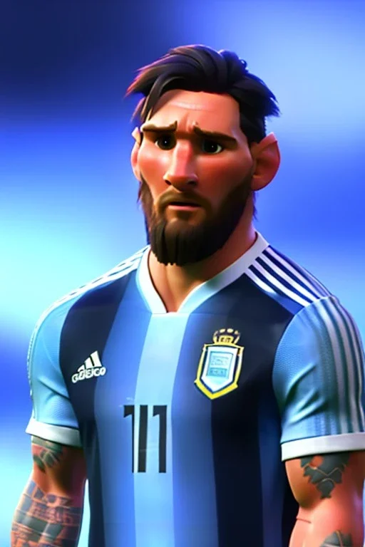 Realistic Messi Argentina soccer player Portrait, mid shot low view, concept art, artstation, 3d, photo studio, blue clean background, unreal engine 5, ray tracing, RTX, lumen lighting, ultra detail, volumetric lighting.