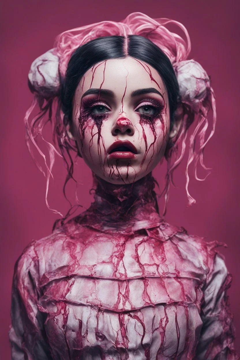 full color, illustration of a darkred and pink tones, menacing, Singer Melanie Martinez face, as a decayed, broken, skin turned translucent, black veins that extended like roots beneath her skin, latex suit, crude homemade cloth doll toy, with a narrow cracked porcelain face, thick dark eyebrows, hair in two gradually, made from ragged strips of cloth, in the style of Alex Pardee, Tim Burton, and Nadya Sheremet