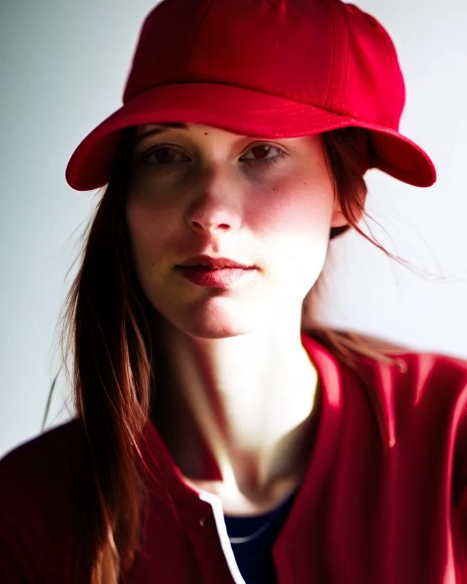 woman with a red baseball hat.