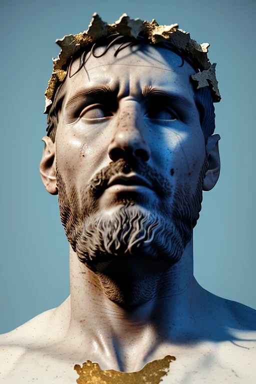 Ultra Realistic image, Roman sculpture, white marble material, Lionel Messi, gold crown of natural thorns, god crown, Renaissance style, sun rays background, waist up portrait, epic, celestial, cinematic lighting, God lights, 4k resolution, smooth details, soft lighting, unreal engine 5, art station, substance 3d.