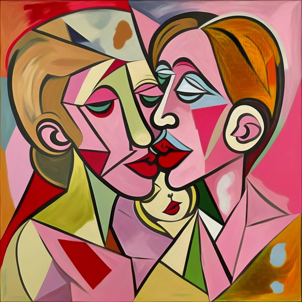 picasso cubism pink woman and one child kissing