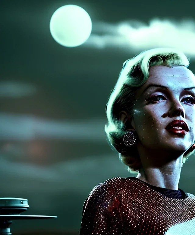 Ultra Realistic retro sci-fi 1960 scene, waist up view portrait, blonde woman, sweet young Marilyn Monroe face, perfect iris, tight latex coat, Strange planet background, Retro sci-fi style glass helmet, fog, rain, soft color, highly detailed, unreal engine 5, ray tracing, RTX, lumen lighting, ultra detail, volumetric lighting, 3d, finely drawn, high definition, high resolution.